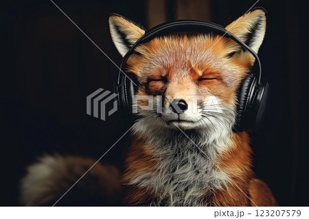 Portrait of a red fox with headphones on a dark background. Portrait of a red fox with headphones on a dark background. 123207579