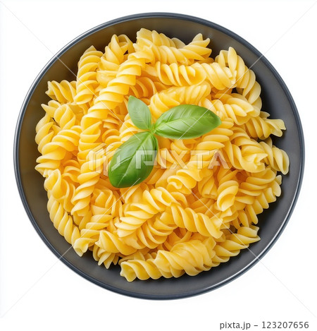 Close up of  a bowl of fusilli pasta on white background 123207656