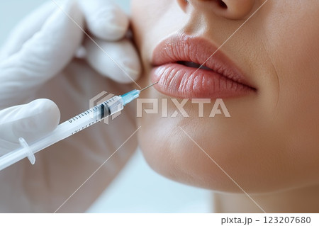 Close-up of female lips being injected with filler injection in clinic Close-up of female lips being injected with filler injection in clinic 123207680