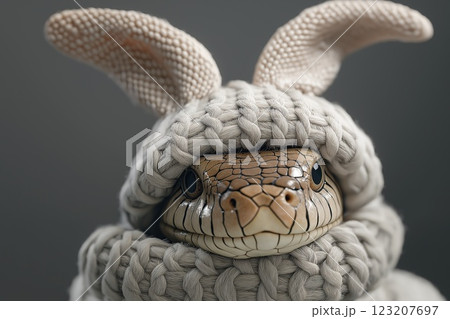 Cute snake dressed in a knitted hat with bunny ears and a scarf. Cute snake dressed in a knitted hat with bunny ears and a scarf. 123207697