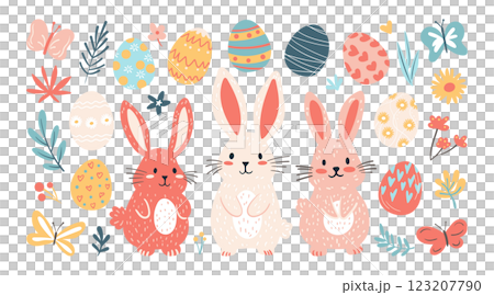 Set of isolated Easter holiday decoration ornaments in cute doodle hand-drawn illustration style on a transparent background. Volume 2: Pink, blue and yellow color tones. 123207790