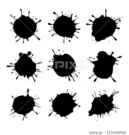 A set of black ink splashes with high contrast, ideal for artistic backgrounds, digital media, and creative design projects. 123208008