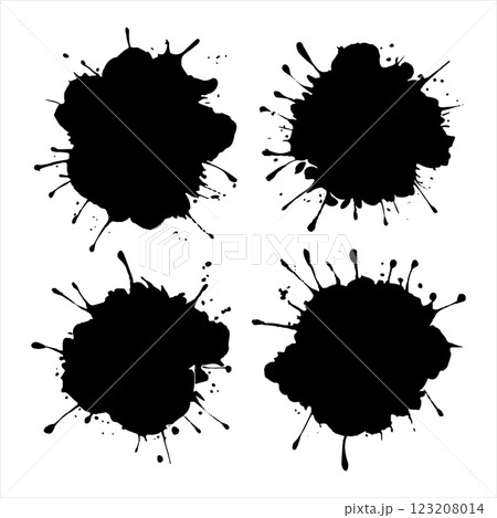 A collection of solid black ink splatters with irregular edges. Grungy artistic stains on a white background. A collection of solid black ink splatters with irregular edges. Grungy artistic stains on a white background. 123208014