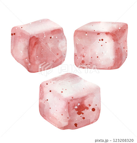 Three separate pieces of berry pastille, hand-drawn. Watercolor illustration. Dessert pattern isolated on a white background. 123208320