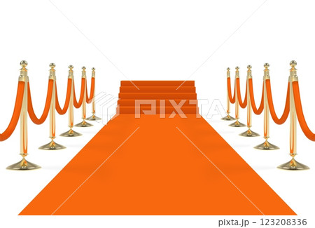 Orange carpet on stairs with ropes on golden stanchions 123208336