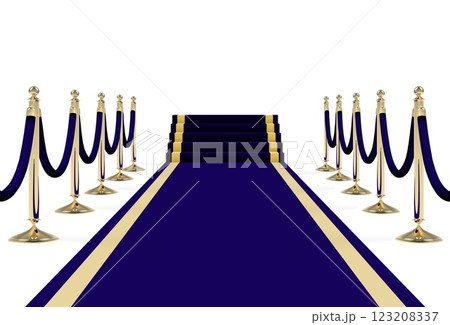 Black blue carpet on stairs with ropes on golden stanchions 123208337