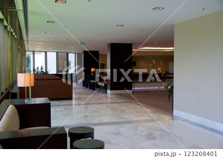 Mainz, Germany, July 8, 2017: Luxury Hotel Lobby with Elegant Seating and Marble Floor Mainz, Germany, July 8, 2017: Luxury Hotel Lobby with Elegant Seating and Marble Floor 123208401