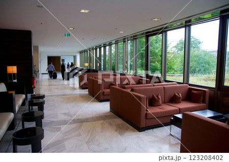 Mainz, Germany, July 8, 2017: Luxury Hotel Lobby with Elegant Seating and Marble Floor 123208402