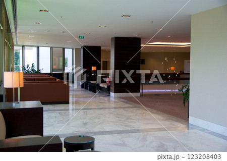Mainz, Germany, July 8, 2017: Luxury Hotel Lobby with Elegant Seating and Marble Floor 123208403