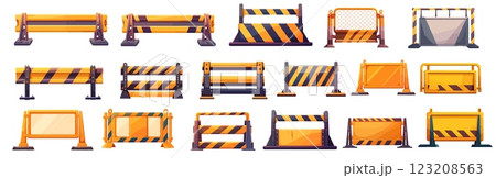 Road barrier. Cartoon metal safety warning striped protection border for traffic repair or crime, obstacle boundary set vector illustration 123208563