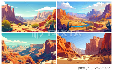 Grand canyon. Rock cliffs mountain landscape with river and plants cactus, USA adventure travel vector illustration 123208582