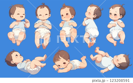 Cartoon newborn. Cute infant in diaper various poses for baby shower, sleeping little boy set vector illustration 123208591