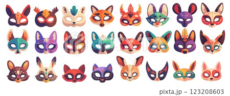 Animal masks. Cartoon children party costume element, festival masquerade funny fox bear wolf cat dog owl mask set vector illustration 123208603