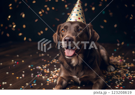 Cute brown dog in a party hat looking at the camera, dog celebrating birthday. Birthday party hat, confetti, holiday, party.Banner for advertising pet products, birthday card 123208619