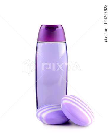 Soap and Shampoo with lavender extract isolated on white background. Soap and Shampoo with lavender extract isolated on white background. 123208928
