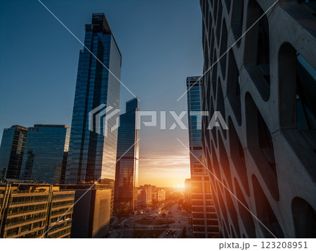 downtown of big capital city with skyscraper towers and modern tall office buildings, skyline and contemporary architecture of financial district, Warsaw, Poland, aerial top view 123208951