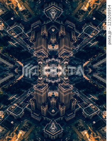 mirrored geometry lines and shapes, symmetry perspective intricate pattern, hi-tech abstract background with technology fractals 123208954