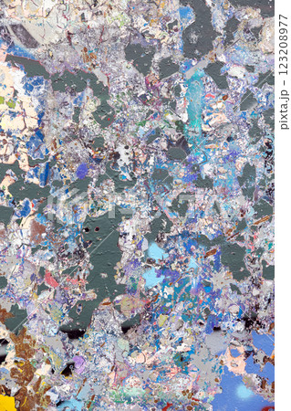 Abstract textured painting with layers of peeling paint in cool and warm tones. A visually striking 123208977