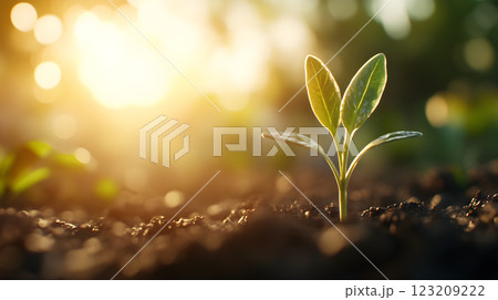 Young sprout with green leaves in pile of soil in garden. Growing plant on spring sun. Garden and harvest. Green world and Earth day concept. Ecology and ecological balance. New life concept 123209222