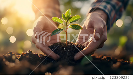 Farmer's hands holding young sprout with green leaves in pile of soil. Growing plant on spring sun. Garden and harvest. Green world and Earth day concept. Ecology and ecological balance. New life 123209223