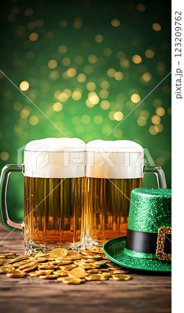 Sparkling golden beer mugs and coins on green sparkling background 123209762