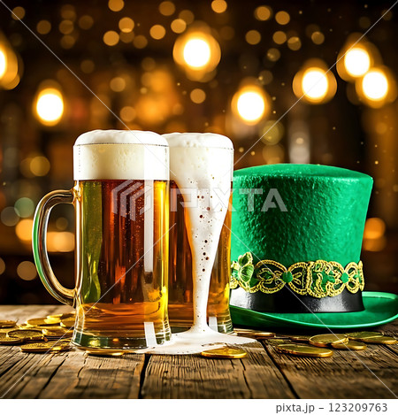 Sparkling golden beer mugs for St. Patrick's Day in a traditional Irish pub 123209763