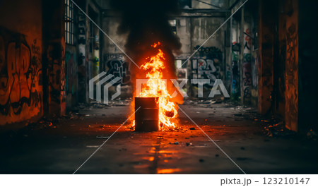 退廃的な都市の風景、燃えるゴミ箱 123210147