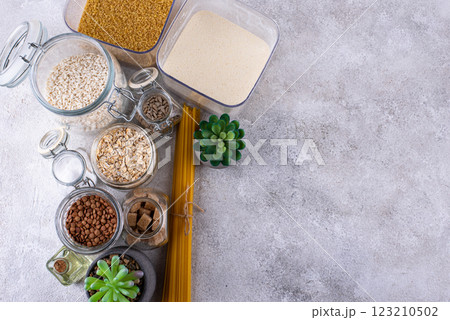 Zero waste storage concept with groats in jars Zero waste storage concept with groats in jars 123210502