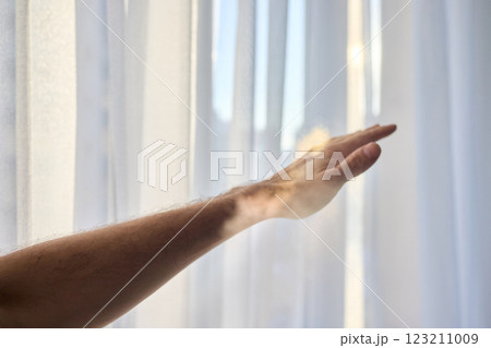 Reaching for the Beautiful Light That Filters Through Delicate Sheer Curtains, Embracing Peace 123211009