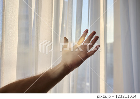 Reaching for the Beautiful Light That Filters Through Delicate Sheer Curtains, Embracing Peace 123211014
