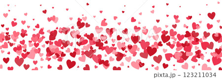 Heart long border. Women Day. Bright hearts confetti falling on white background. Celebration backdrop. Valentines Day banner. 8 March card. Wedding invitation. Vector illustration 123211034