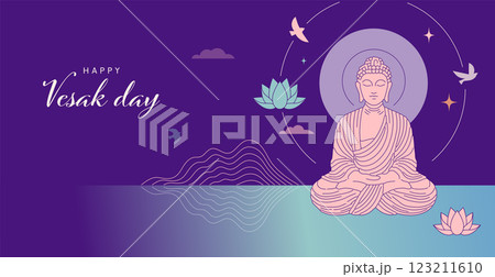 Buddha Purnima, Vesak Day concept design with Buddha and lotus illustration, abstract background 123211610
