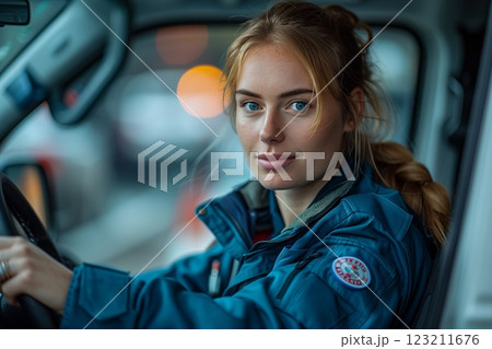 Woman with electric blue jacket drives ambulance with steering wheel Woman with electric blue jacket drives ambulance with steering wheel 123211676