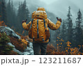 A person with a backpack walks through a forest under a cloudy sky 123211687