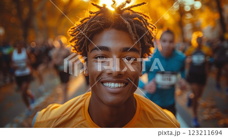 A happy man in a yellow shirt is smiling in front of a crowd at a public event 123211694