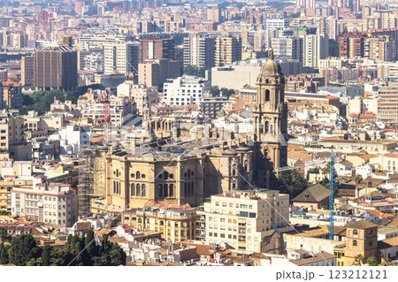 Malaga, seaside city in Andalusia, Spain, Europe. Aerial view of a city with a large cathedral and numerous buildings. Malaga, seaside city in Andalusia, Spain, Europe. Aerial view of a city with a large cathedral and numerous buildings. 123212121