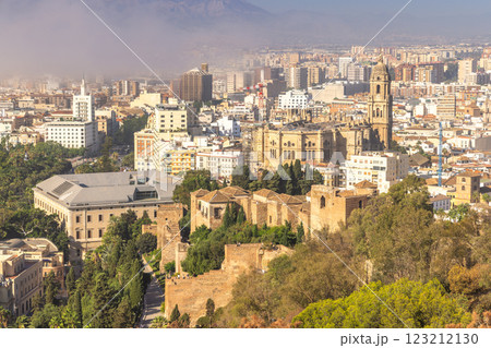 Malaga, seaside city in Andalusia, Spain, Europe. Panoramic view of a city with a large cathedral and historic buildings nestled amongst modern architecture, seen from an elevated vantage point. Malaga, seaside city in Andalusia, Spain, Europe. Panoramic view of a city with a large cathedral and historic buildings nestled amongst modern architecture, seen from an elevated vantage point. 123212130