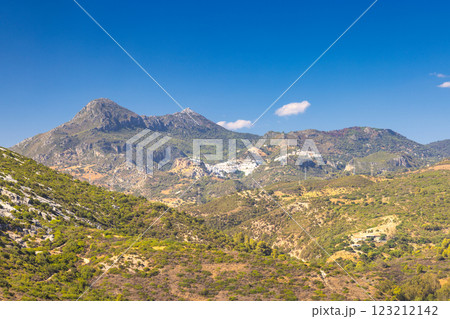 Casares town in Andalusia, Spain, Europe. Mountain village nestled in a valley, surrounded by rugged terrain under a clear blue sky. Casares town in Andalusia, Spain, Europe. Mountain village nestled in a valley, surrounded by rugged terrain under a clear blue sky. 123212142