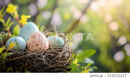 Colorful Easter eggs nestled in a natural nest...のイラスト素材 [123212227 ...