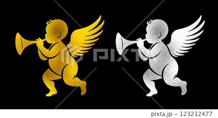 ラッパを吹いている赤ちゃんの天使のシルエットのシルバーとゴールドのイラスト　黒背景の切り抜き 123212477