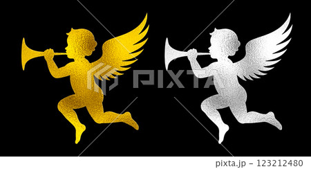 ラッパを吹いている赤ちゃんの天使のシルエットのシルバーとゴールドのイラスト　黒背景の切り抜き 123212480