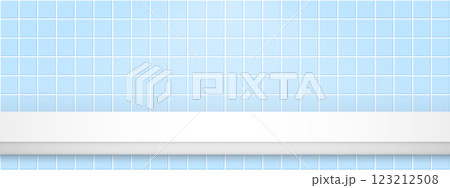 Bathroom table. Empty kitchen shelf on blue tiles background. Ceramic wall with white table for displaying product. Tiled surface with realistic desk. Vector illustration 123212508