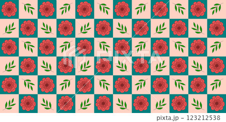 Seamless pattern with red rose flower head and green branches, checked pink blue background, vector Seamless pattern with red rose flower head and green branches, checked pink blue background, vector 123212538