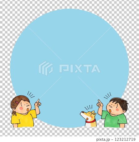 Pointing child and dog (notice) Copy space (blue) 123212719
