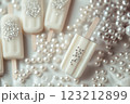 The ice cream on a stick, decorated with edible pearls,popsicle, rhinestones. 123212899