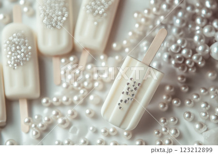 The ice cream on a stick, decorated with edible pearls,popsicle, rhinestones. 123212899