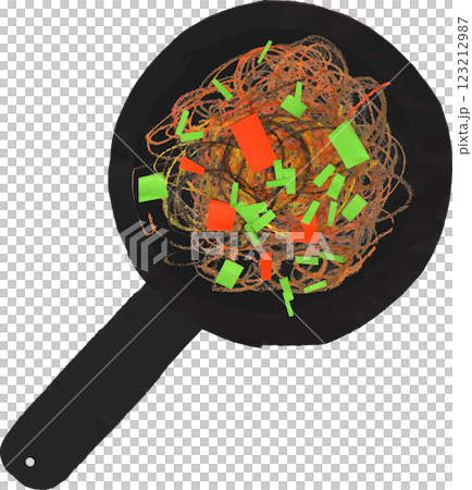 鉄板に盛り付けた焼きそばのイラスト 123212987