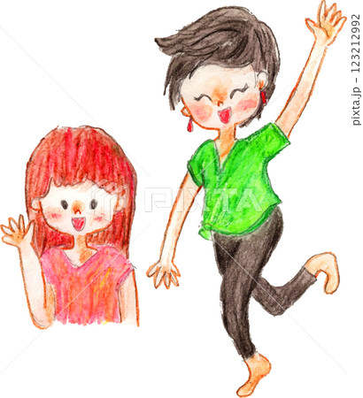 水彩画の女性、飛び跳ねる　手を振る 123212992