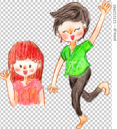 水彩画の女性、飛び跳ねる　手を振る 123212992