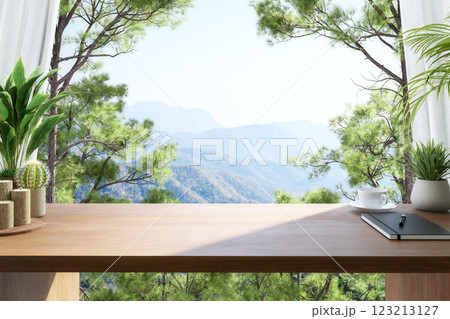 Empty top wooden table for copy space with mountain view background 3d render Empty top wooden table for copy space with mountain view background 3d render 123213127
